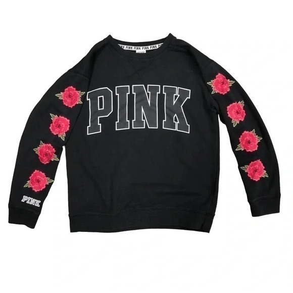PINK Victoria's Secret Tops - Victoria’s Secret PINK Embroidered Roses Pullover Crew Sweatshirt Size Small